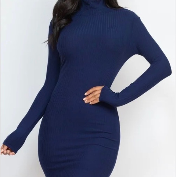 WOMEN’S NAVY BLUE LONG SLEEVE RIBBED MOCK NECK BODYCON MINI DRESS- 2X RESTOCKED! - Picture 2 of 2